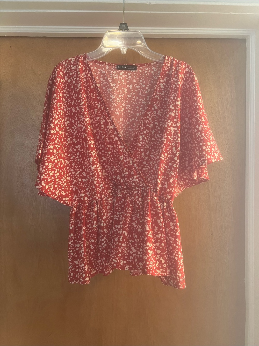 SHEIN Women’s Red with White Floral V-neck Wrap Peplum Blouse